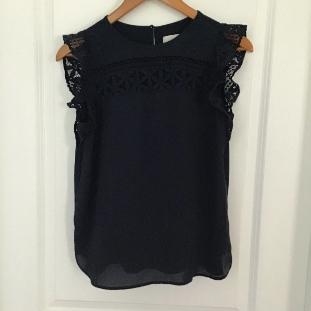 LOFT navy blue babydoll top with lace and ruffle details